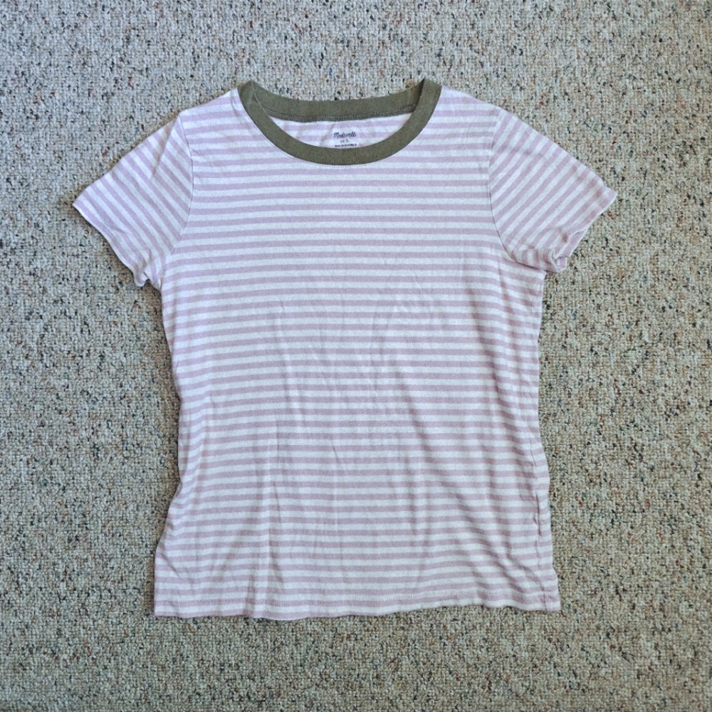 Madewell Lavender and White Striped Tee with Green Accents size S